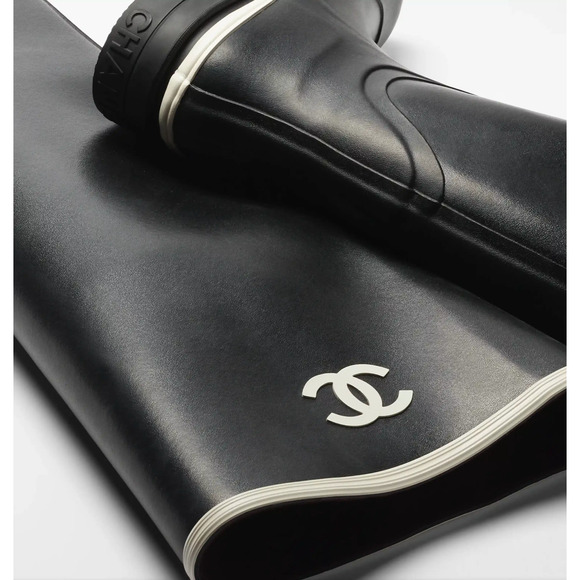 Chanel 22K Black White Caoutchouc CC Logo Thigh High Pull On Rubber Rain Boot 38 - Picture 7 of 11